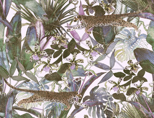 Tropical seamless pattern with tropical flowers, banana leaves.