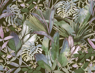 Tropisches nahtloses Muster mit tropischen Blumen, Bananenblättern.