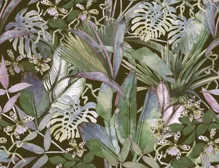 Deurstickers Tropische bladeren Tropisch naadloos patroon met tropische bloemen, bananenbladeren.