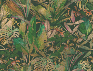 Tropical seamless pattern with tropical flowers, banana leaves. - obrazy, fototapety, plakaty