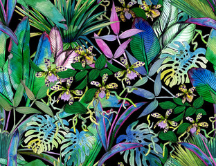 Tropical seamless pattern with tropical flowers, banana leaves.