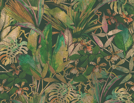 Tropical seamless pattern with tropical flowers, banana leaves. © Арина Трапезникова