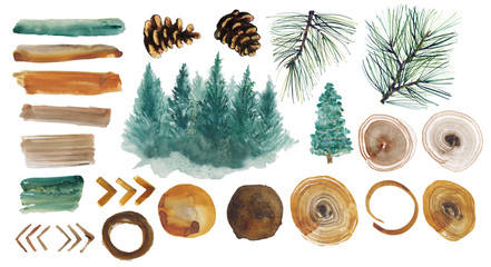 .Watercolor set with spruce forest, pine branch, treehouse, fir cones, watercolor stains and chevron on white background