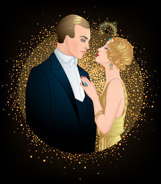 Beautiful couple in art deco style. Retro fashion, glamour man and woman of twenties. Vector illustration. Flapper 20s style. Vintage party or thematic wedding invitation design template.