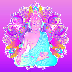 Sitting Buddha silhouette over ornamental mandala flower. Esoteric vector illustration. Vintage decorative, Indian, Buddhism, spiritual art. Hippie tattoo, spirituality, Thai god, yoga zen.