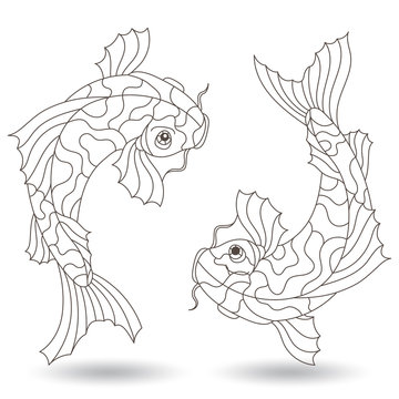 Set of illustrations in stained glass style with koi carp fish,dark contour  isolated on a white background