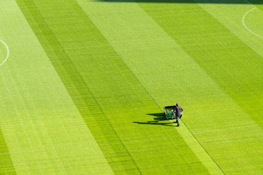 Person with pruner cutting the grass inside a football stadium