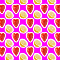 seamless food pattern with fresh slice lemon and strawberries on pink background