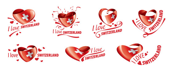National flag of the Switzerland in the shape of a heart and the inscription I love Switzerland. Vector illustration