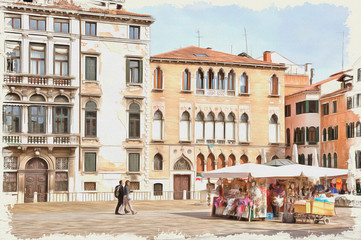 Fototapeta na wymiar Venice. Square in the historic center of the city. Imitation of a picture. Oil paint. Illustration