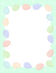 Postcard template with Easter eggs in pastel colors. Printable stationary mockup with cute Ostara colored eggs frame composition.
