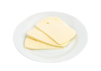 sliced white cheese on a white plate isolated