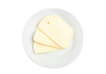 sliced white cheese on a white plate isolated