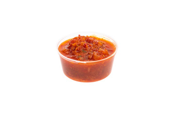 spicy meat seasonings ketchup, adjika, sauce in transparent plastic containers isolated