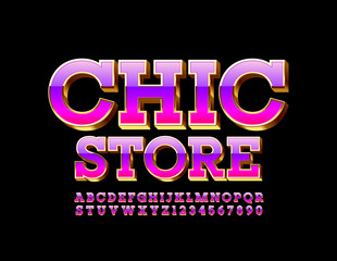 Vector stylish logo Chic Store. Luxury exclusive 3D Font. Pink and Glossy Alphabet Letters and Numbers.