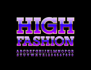 Vector High Fashion Alphabet. Gradient Purple and Gold Font. Luxury shiny Letters and Numbers