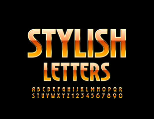 Vector stylish Letters and Numbers. Gold and Orange shiny Font. Luxury elegant Alphabet