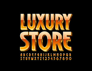 Vector golden sign Luxury Store. Chic stylish 3D Font. Elegant Alphabet Letters and Numbers.