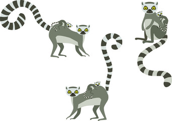 Cartoon animals. Mother lemur stands with her little cute baby. Set vector illustration © Irina