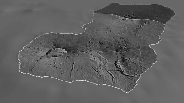 Bioko Sur, province with its capital, zoomed and extruded on the bilevel map of Equatorial Guinea in the conformal Stereographic projection. Animation 3D