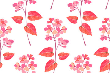 Art floral vector seamless pattern. Delicate pink flowers, red watercolor leaves isolated on white background. Endless pattern with gillyflower for wallpaper, fabric, textile, tile, digital paper.