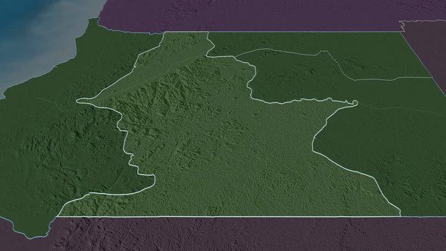 Centro Sur, province with its capital, zoomed and extruded on the administrative map of Equatorial Guinea in the conformal Stereographic projection. Animation 3D