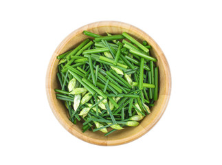 green onion (Chive), in wooden bowl on the white background.