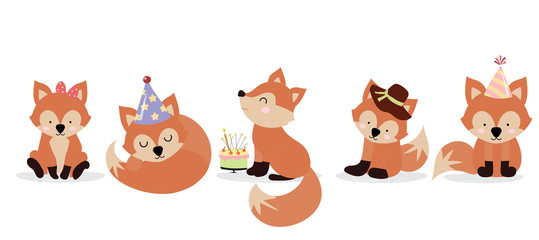 Cute fox character are standing,sitting and sleeping. Vector illustration for birthday invitation,postcard and sticker.Editable element