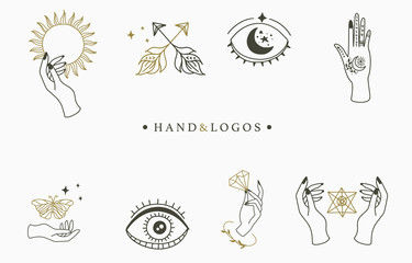 Beauty occult logo collection with hand,geometric,crystal,moon,eye,star.Vector illustration for icon,logo,sticker,printable and tattoo