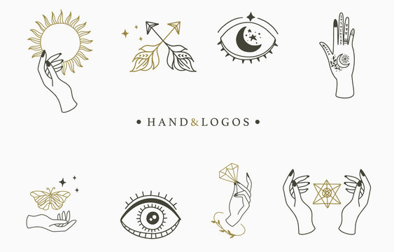 Beauty Occult Logo Collection With Hand,geometric,crystal,moon,eye,star.Vector Illustration For Icon,logo,sticker,printable And Tattoo