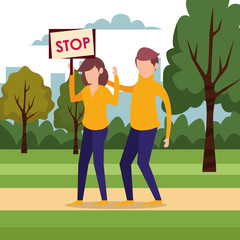 young couple protesting with stop label characters