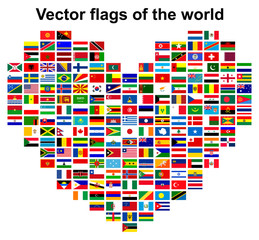 A set of divided flags of countries around the world in the shape of a heart. Icons for websites. Complete collection. Valentine's day card. Vector graphics.