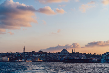 Istanbul old city with Galata promenade from ferry boat. View from Bosphorus water, cityscape with Mosque pics
