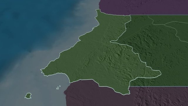 Litoral, province with its capital, zoomed and extruded on the administrative map of Equatorial Guinea in the conformal Stereographic projection. Animation 3D