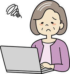 パソコンを操作するおばあさん（悩む）