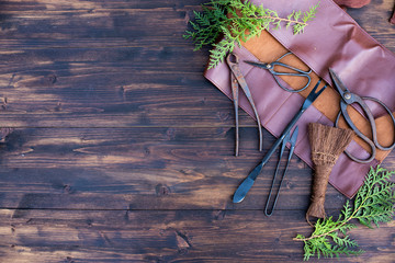 Bonsai tools in leather case on dark wooden background