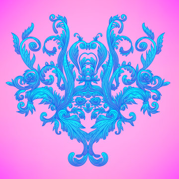 Vintage baroque floral patterned frame in bright neon colors. 1980s style. Ornate vector decoration. Luxury, royal and Victorian concept. Vintage design. Heraldic floral texture.