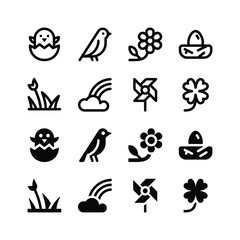 Simple Set of Spring Vector Glyph and Line Icons including chicken egg, bird, flower, nest, grass, rainbow, pinwheel, clover