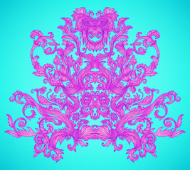 Vintage baroque floral patterned frame in bright neon colors. 1980s style. Ornate vector decoration. Luxury, royal and Victorian concept. Vintage design. Heraldic floral texture.