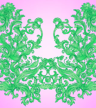 Vintage baroque floral seamless pattern in bright neon colors. 1980s style. Ornate vector decoration. Luxury, royal and Victorian concept. Vintage design with repetition. Heraldic floral texture.