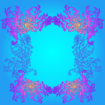 Vintage baroque floral patterned frame in bright neon colors. 1980s style. Ornate vector decoration. Luxury, royal and Victorian concept. Vintage design. Heraldic floral texture.