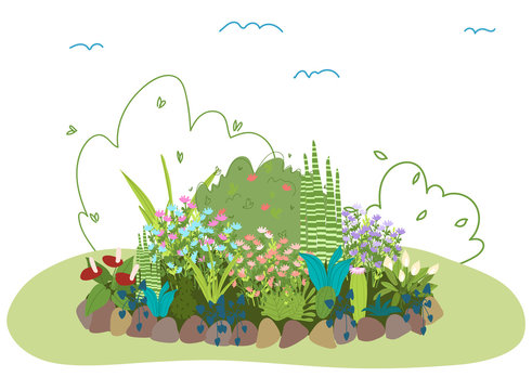 Flower bed on white background. Alpine slide with flowers decorated with stones. Flat vector illustration