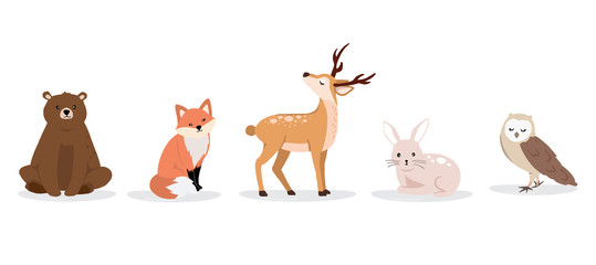 Fototapeta premium Cute animal character are standing,sitting and sleeping. Vector illustration for birthday invitation,postcard and sticker.Editable element