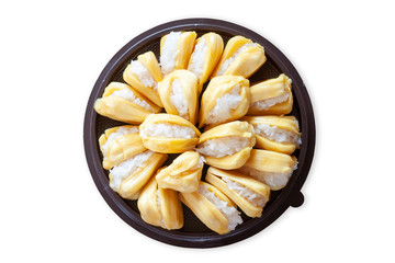 Ripe jackfruit and sticky rice in coconut is Thai Dessert isolated on white background.