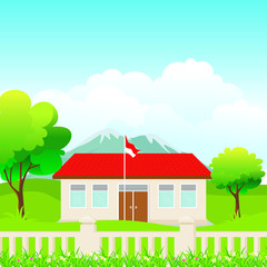 Obraz na płótnie Canvas Indonesian School with nature landscape, green yard, grass, tree, cloud, mountain and bright sky