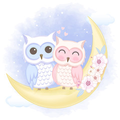 Cute couple owl on moon hand drawn cartoon watercolor illustration