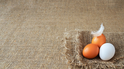 organic brown and white eggs of chicken uncooked freshness nutrition on flaxen , brown sack for background texture. soft focus, close-up, copy space