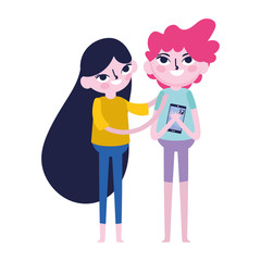 teen boy with smartphone and girl together social media