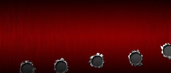 bullet hole on red metallic mesh and metal background textured.