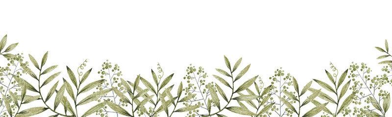 green and gray leaves branches and flowers, freehand drawing in pencil illustration, frame template for design of wedding invitations, background